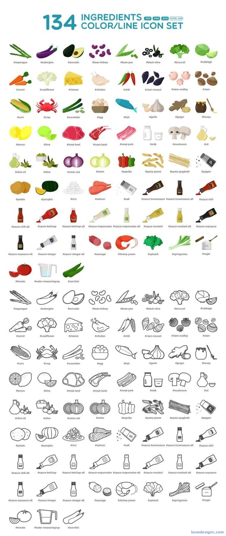 134个美丽的洋葱螃蟹三文鱼等蔬菜海鲜食物线条图标优质设计素材下载-爱设计爱分享c